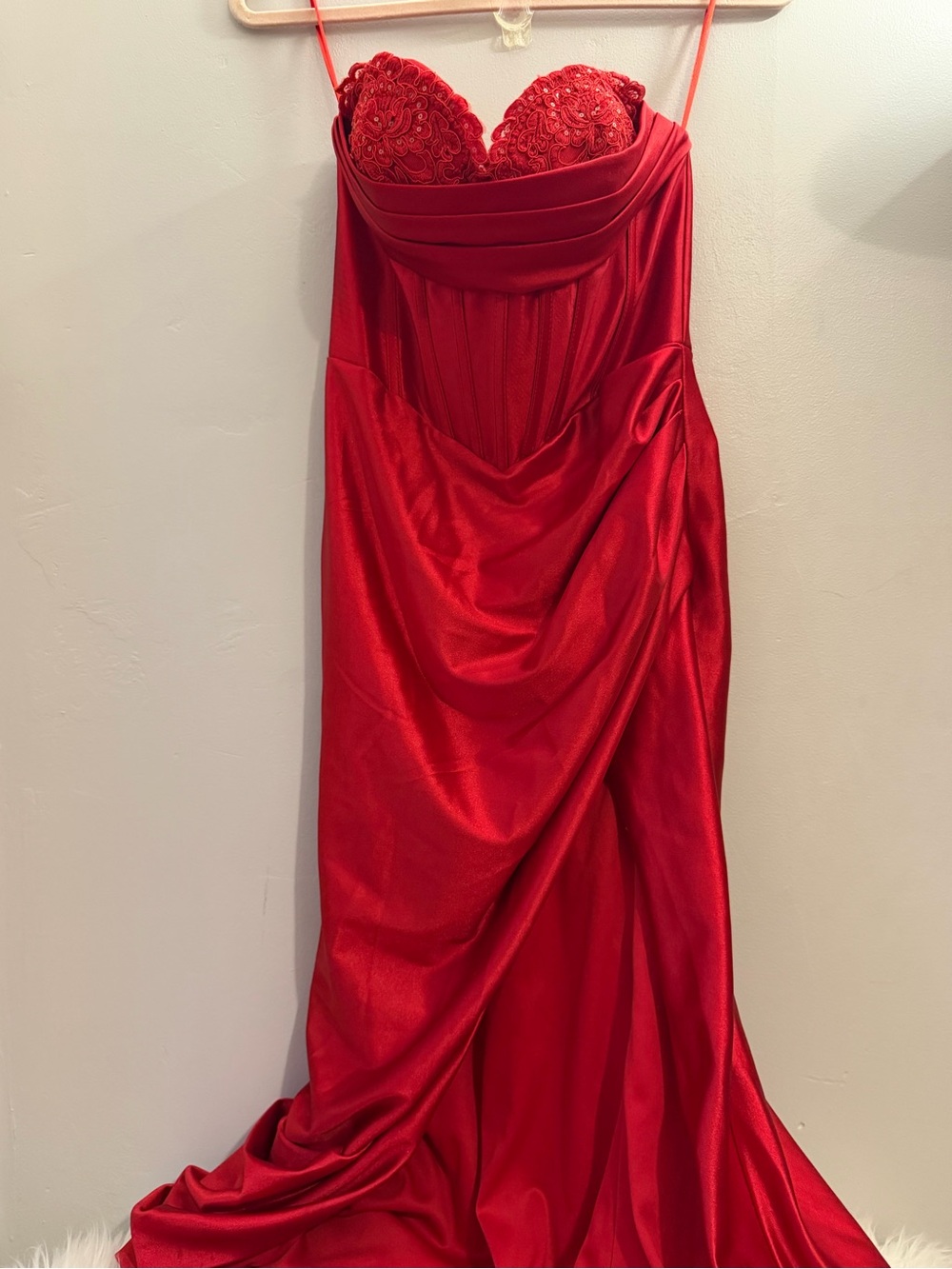 Scarlet Lace Bust Draped Satin Prom Gown
